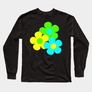 60's Flower Power Pop Flowers in Blue, Green and Yellow Long Sleeve T-Shirt